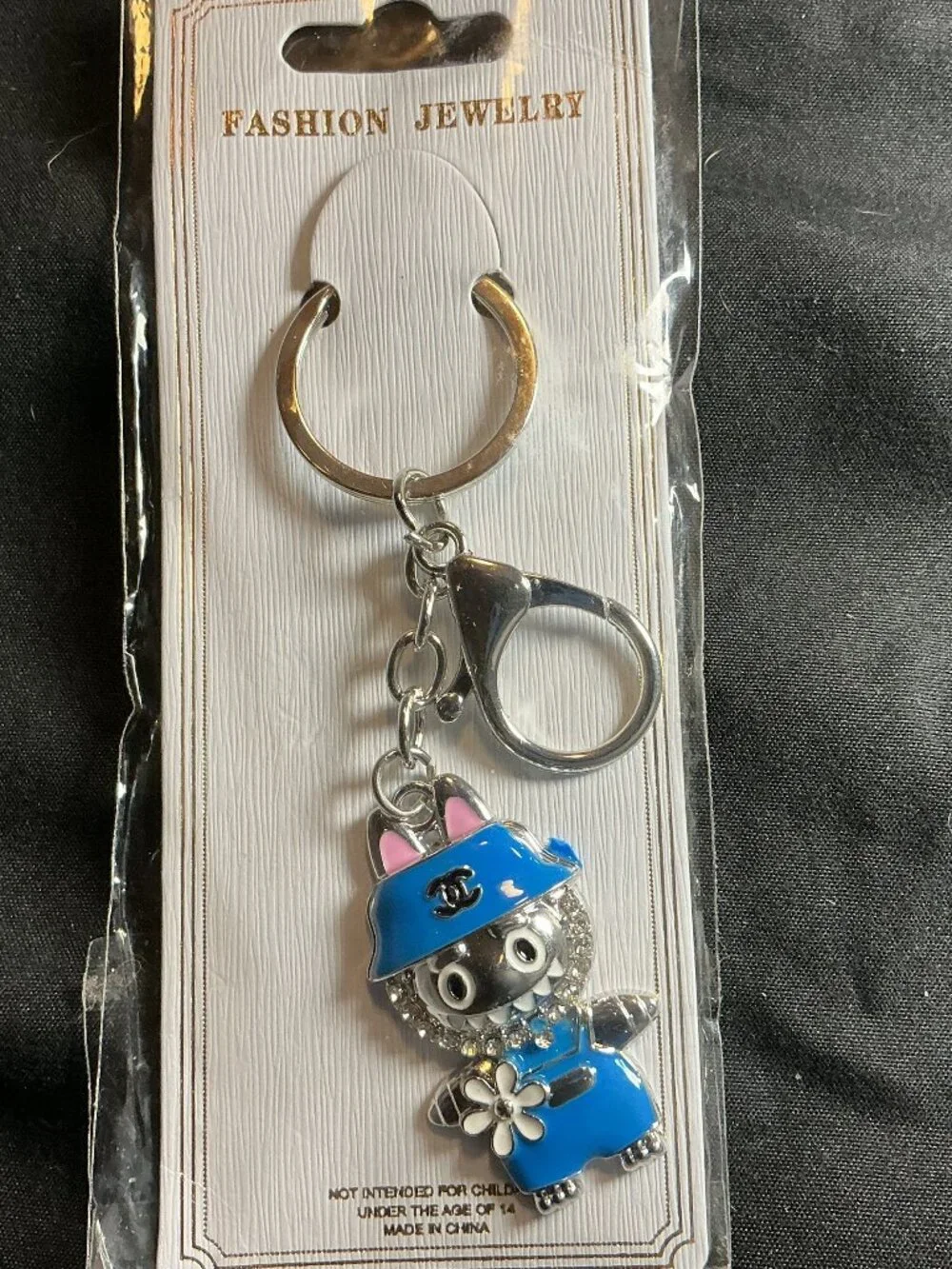 ★ Blue Rhinestone Cat Character Keychain Purse Bag Charm Silver Tone